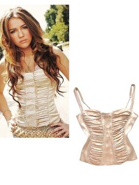 ᥫ᭡. ASO Miley Cyrus Silk Beige Ruched Embellished Tank Top 2008 Twist Magazine